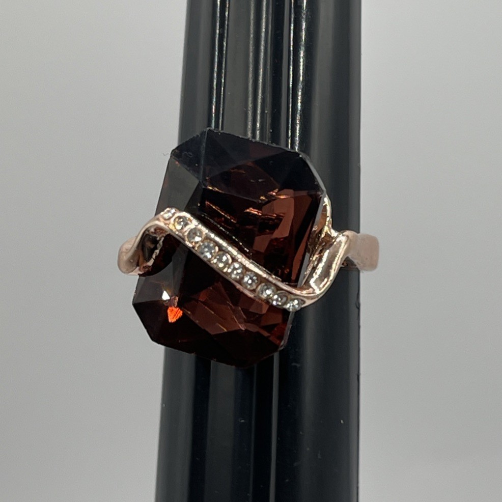 Rose Gold Filled Octagon Brown Cognac Wine Rhinestone Wave Wavy Ring Size 6.25