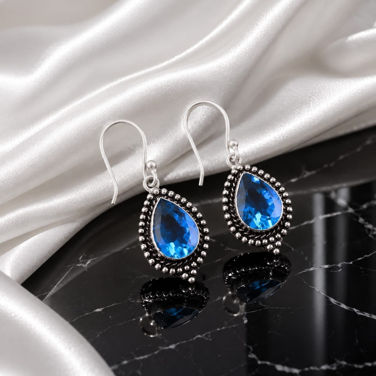 Swiss Blue Topaz Gemstone 925 Sterling Handmade Daily Wear Earring Gift For Her