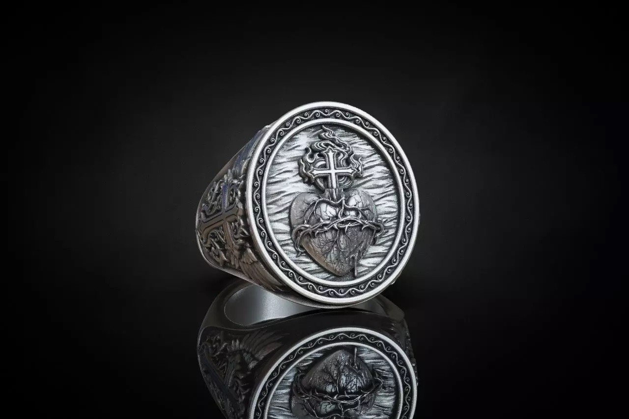Oxidized Mens Sacred Heart Cross Gothic Punk 925 Sterling Silver Statement Rings