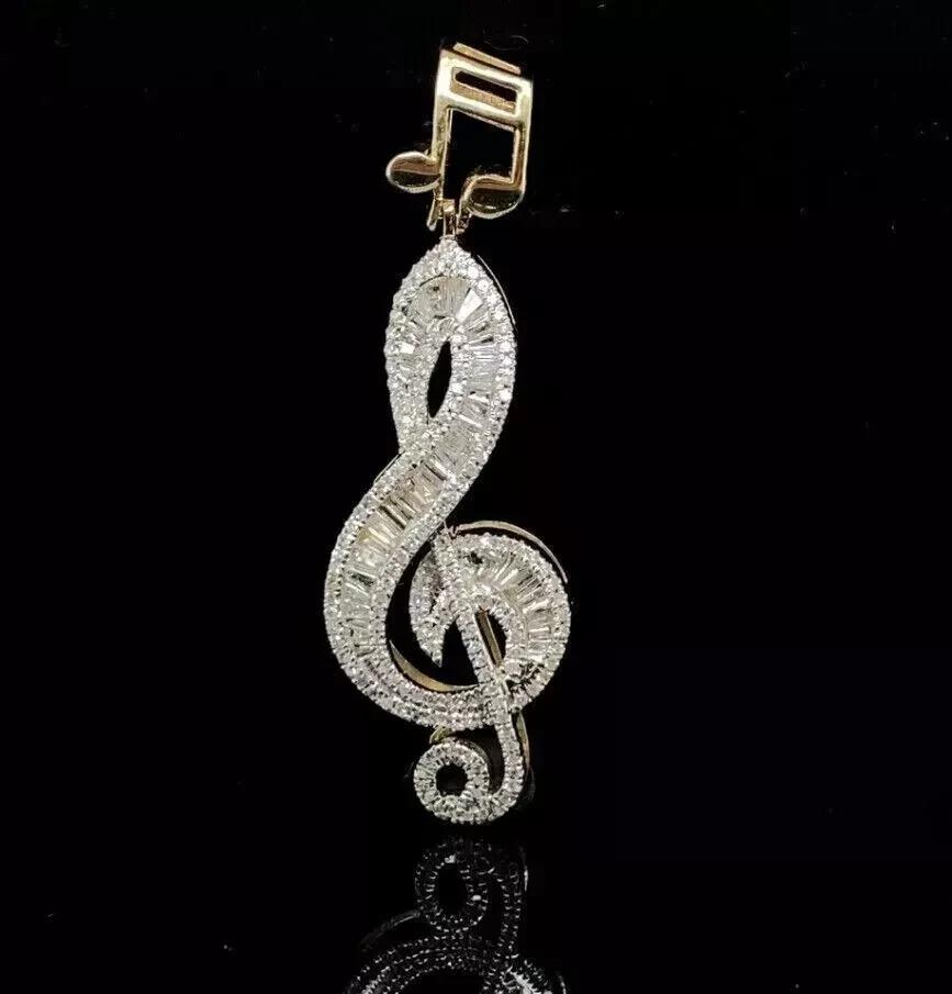 Baguette Simulated Diamond 2Ct Music Note Pendant Necklace 14KYellow Gold Plated