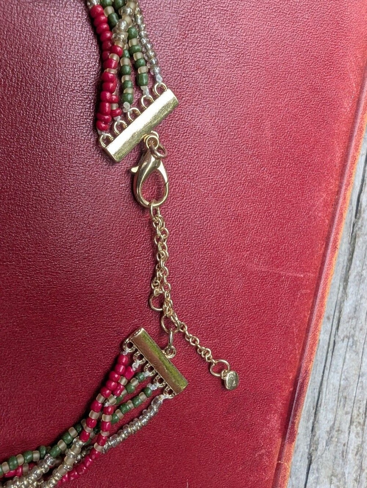 Multi-Strand Red Green Gold Beaded Tassel Necklace