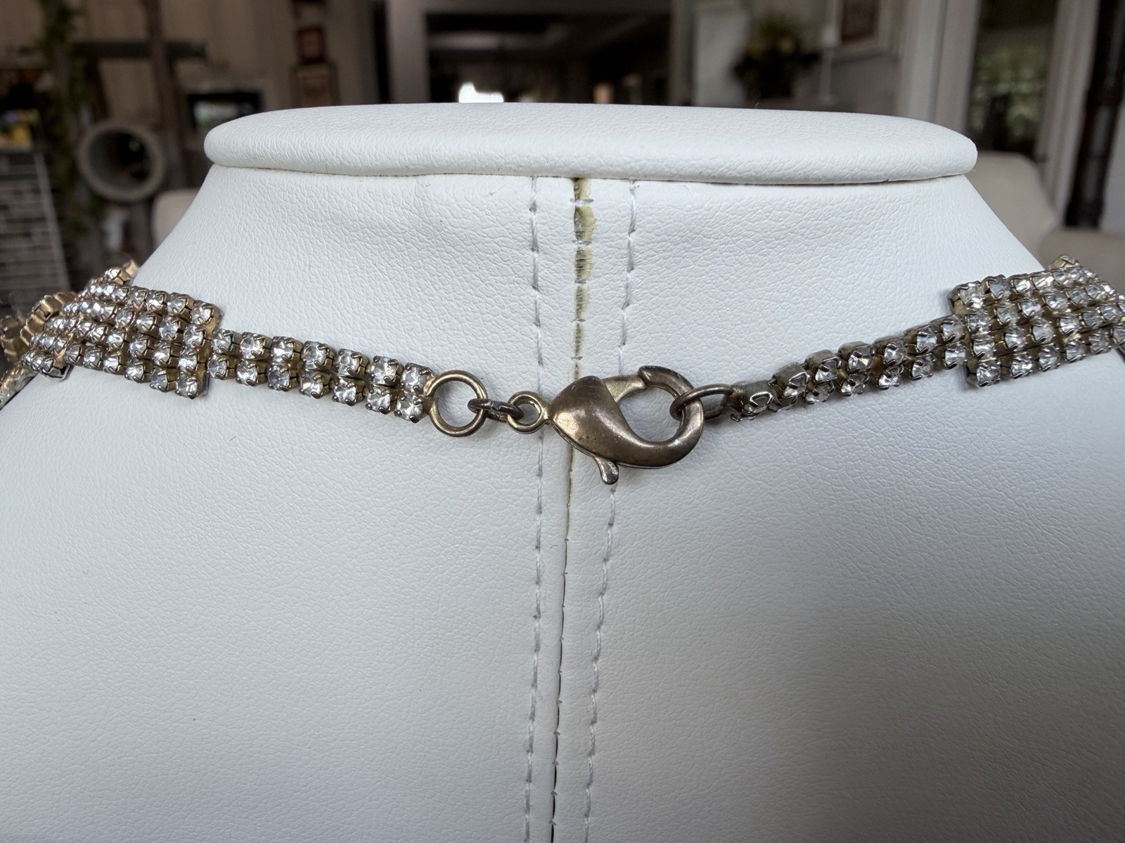 50’s-60’s Collar Statement Necklace, Laurel Leaf Motif & Prong Set Rhinestones