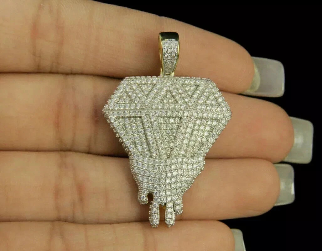 Mens 10K Yellow Gold Finish Dripping Diamond Charm Pendant With Free Chain 1.6″