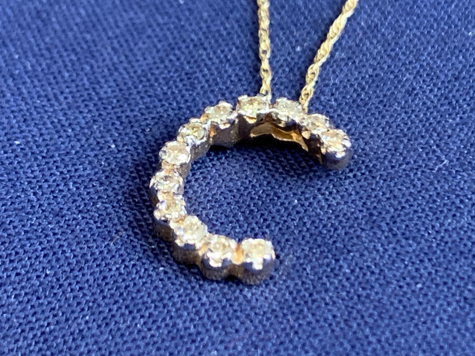 14K Yellow Gold Diamond “C” Necklace 1.95g Fine Jewelry 18″ Rope Chain *READ*
