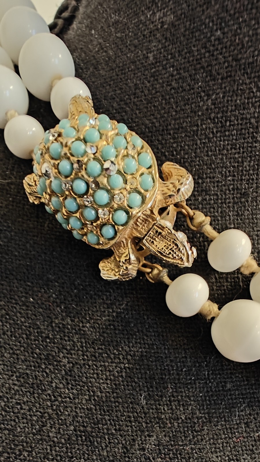 Wh Vtg Knotted Bead Dbl Strand Choker Necklace Rhinestone Seed Bead Turtle Clasp