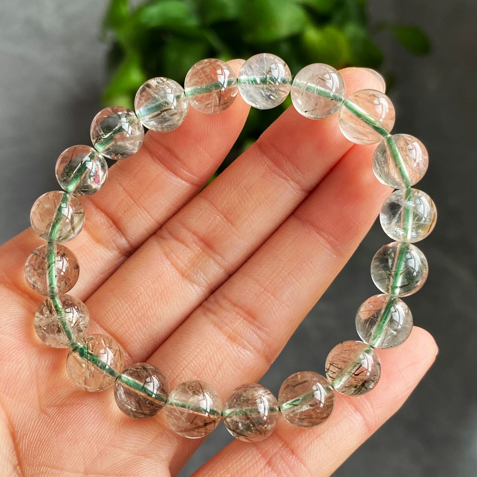 9.2mm Natural Green Tourmaline Rutilated Quartz Crystal Bracelet 3109