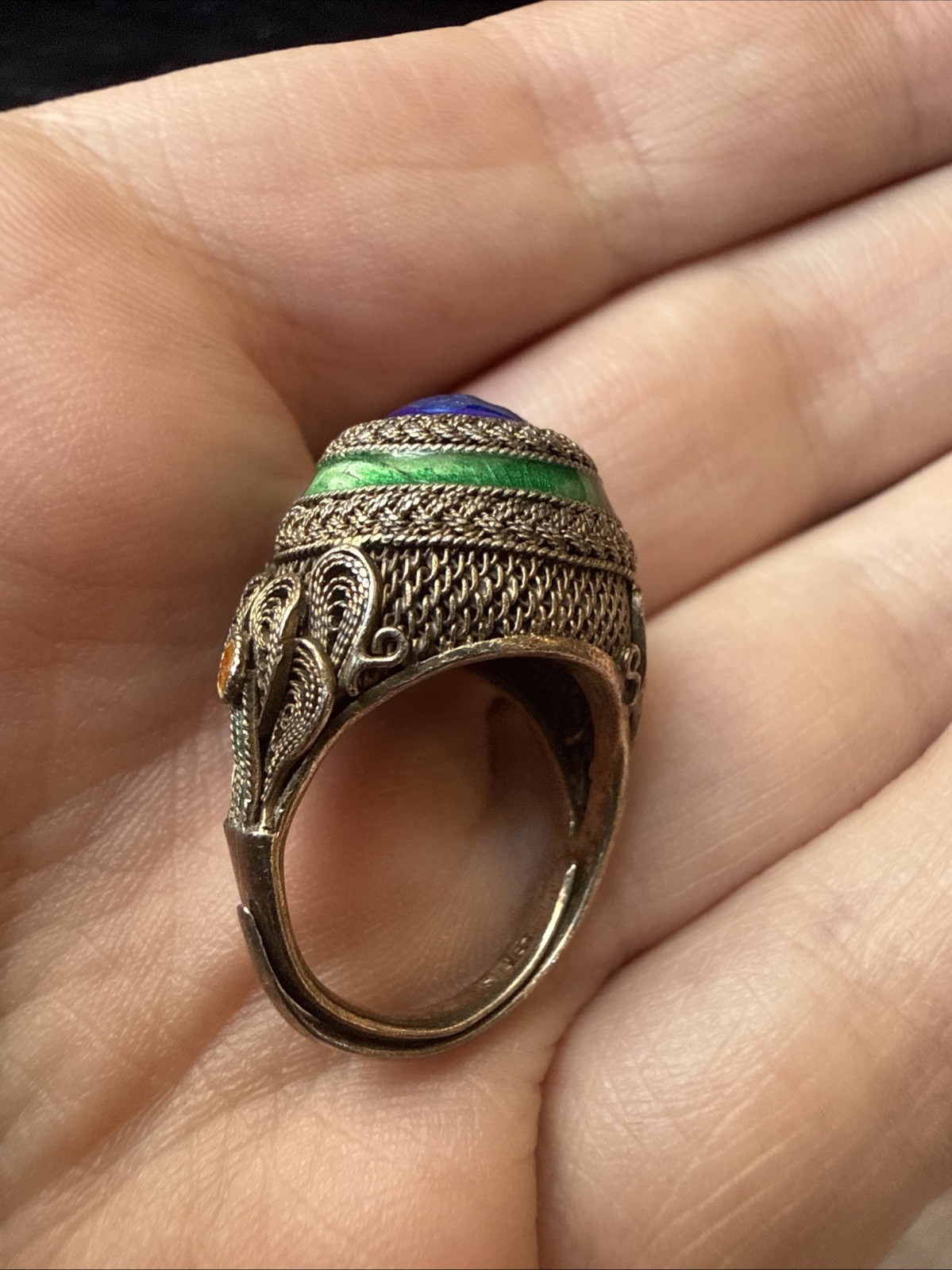 Antique Chinese Export Silver Vermeil Enamel Blue Basketweave Ring Adj Sz 4
