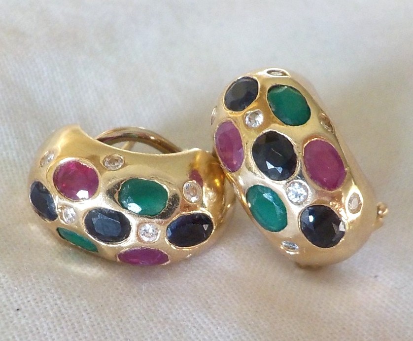 14k Yellow Gold Dotted Multi Gemstone Earrings – 7.80 gms, 0.70 in, 2.46 ctw