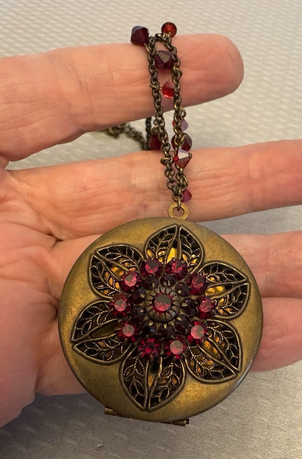 Liz Palacios SF Perfume Locket Necklace Brass Red Jeweled Filigree Scent Pendant