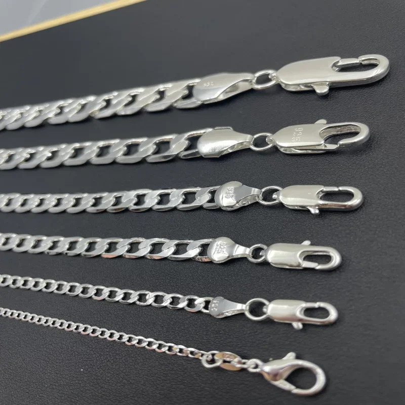 Silver Flat Curb Chain Necklace MenWomen Cuban Link Necklaces Lobster Clasp Gift