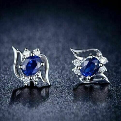 3.50Ct Oval Lab Created Blue Sapphire Women’s Stud Earring 14K White Gold Plated