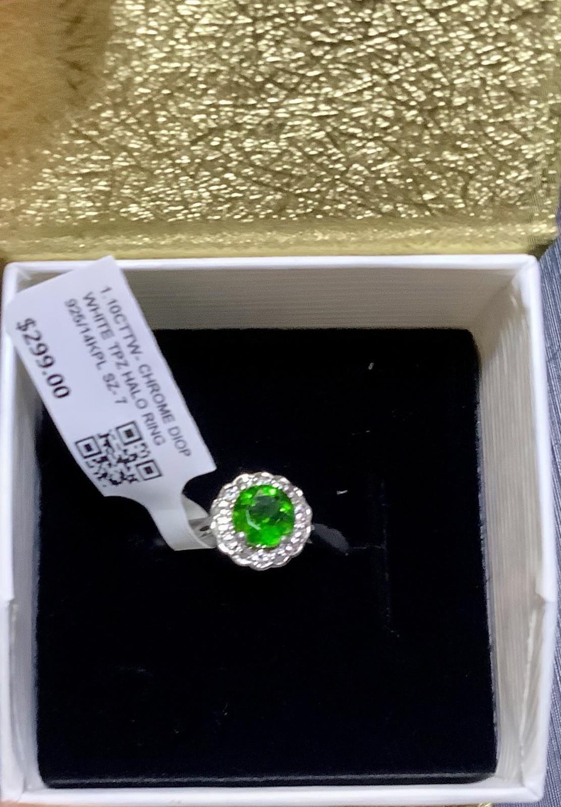 REAL NATURAL GREEN CHROME DIOPSIDE & WHITE TOPAZ HALO RING SILVER