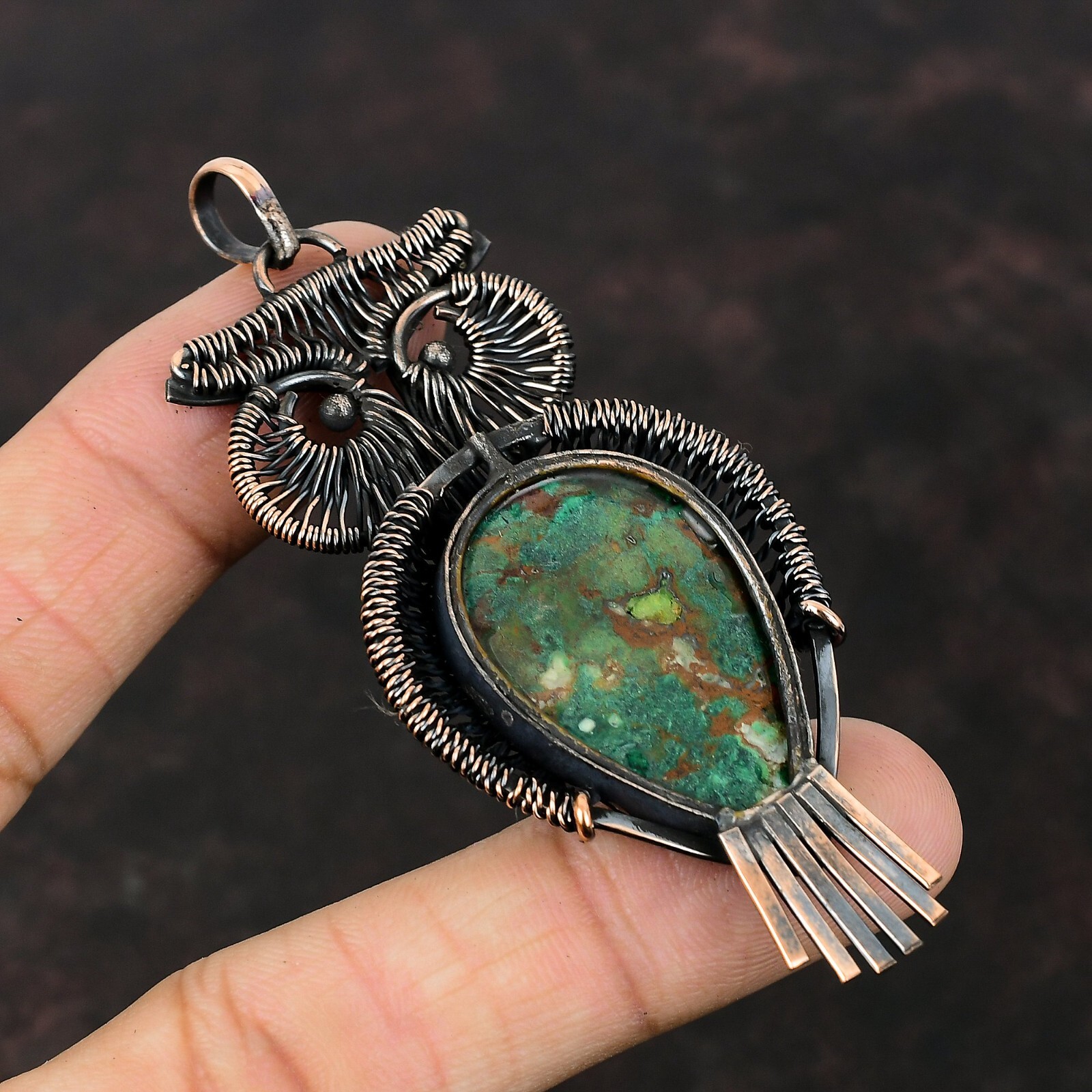 Cuprite Chrysocolla Wire Wrapped Owl Handcrafted Copper Unique Gift 3.35″