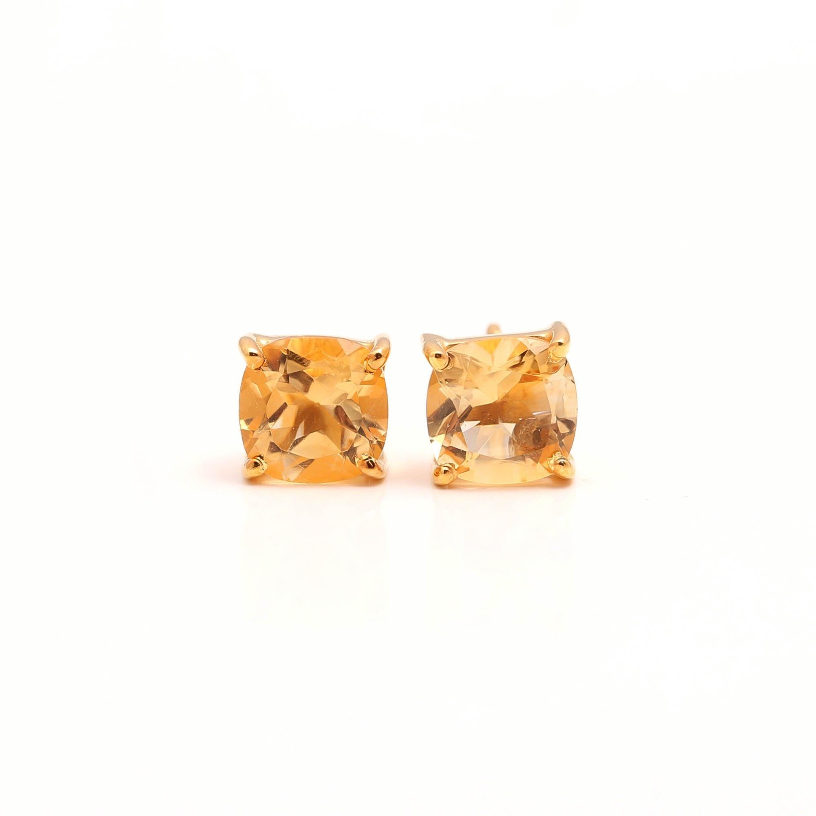 Natural Citrine Quartz Cushion Stud Earrings Gold Plated Solid Silver Jewelry