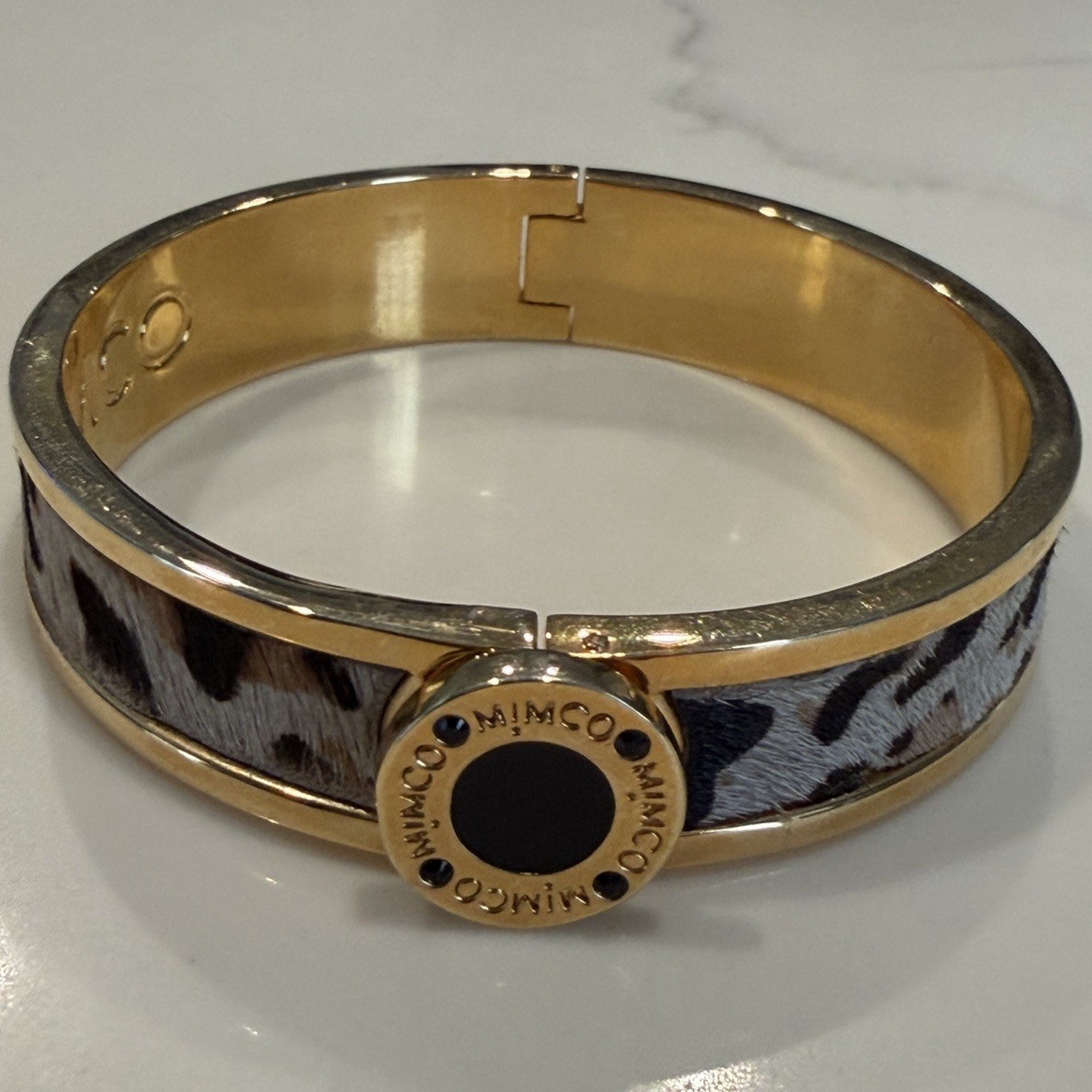 Mimco Gold Tone Hinged Bangle Cuff Bracelet Animal Print Inlay Signed Charm
