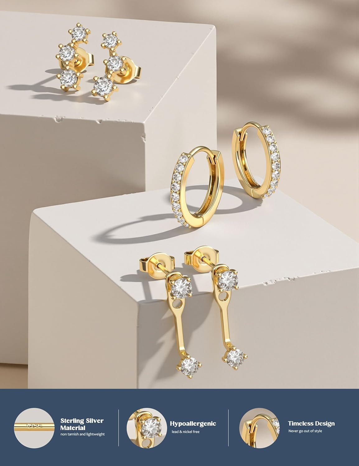 3 Pairs 925 Sterling Silver Hypoallergenic Earrings for Women Trendy – 14K Gold