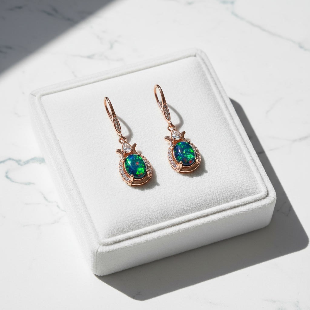 Black Fire Opal Dangle Earrings 6x8mm, 925 Sterling Silver Black Opal Earrings