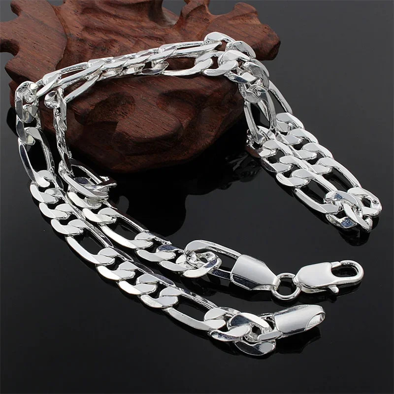 Silver Figaro Link Chain Necklace Men Women Cuban Necklaces Lobster Clasp Gift