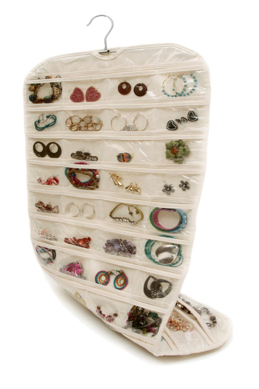 80 Pocket Hanging Jewelry Organizer Non-woven Fabrics Vinyl Metal Hanger Beige