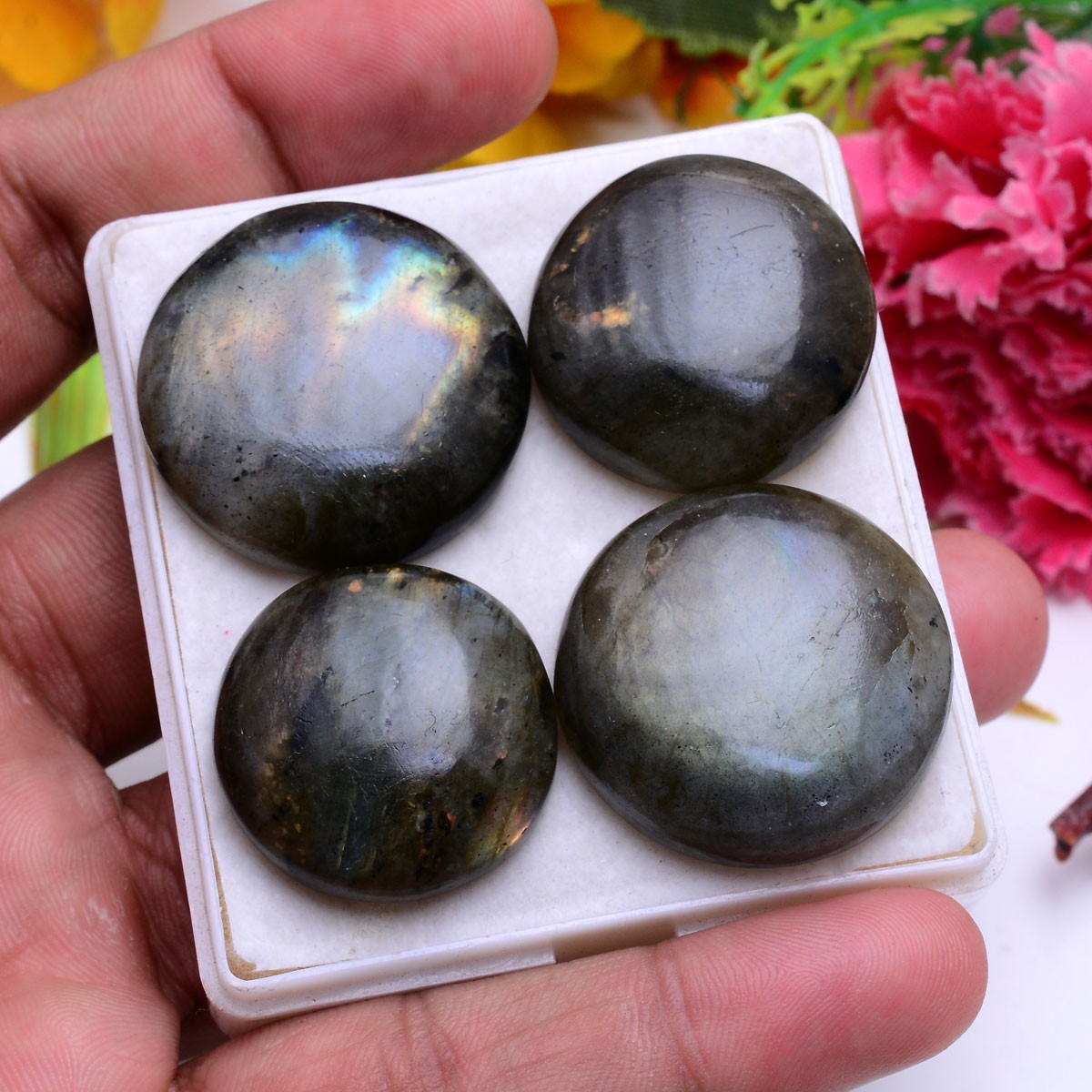 4 Pcs Natural Labradorite Flashy Round Cabochon Glossy Loose Gemstones~25mm-29mm