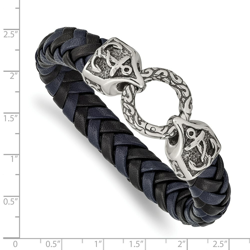 Stainless Steel Antiqued and Polished Black/Blue Leather 8.25in Bracelet