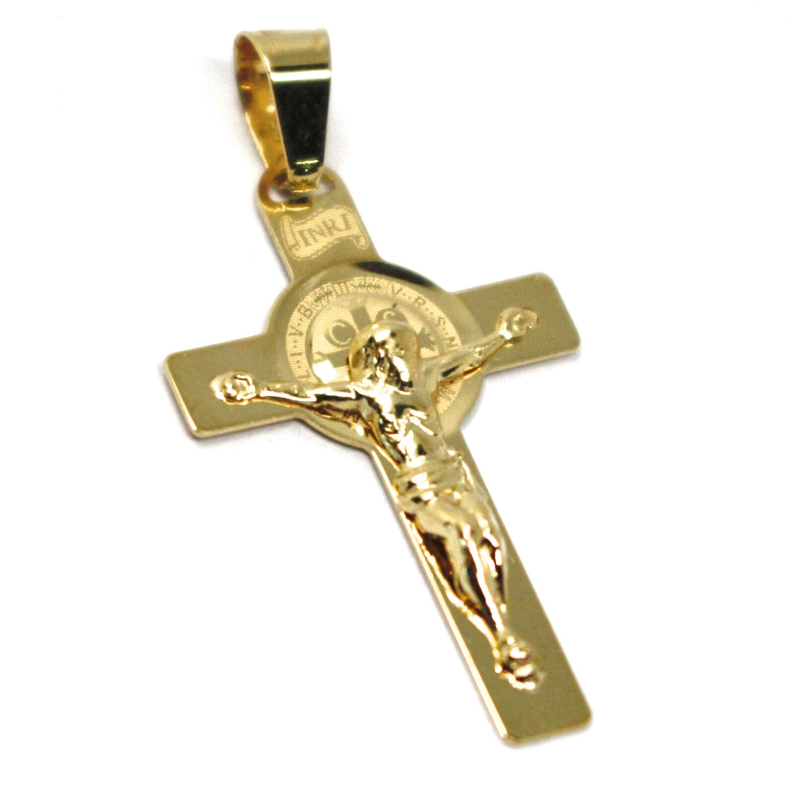 SOLID 18K YELLOW GOLD FLAT CROSS WITH JESUS & SAINT BENEDICT MEDAL, 28 mm