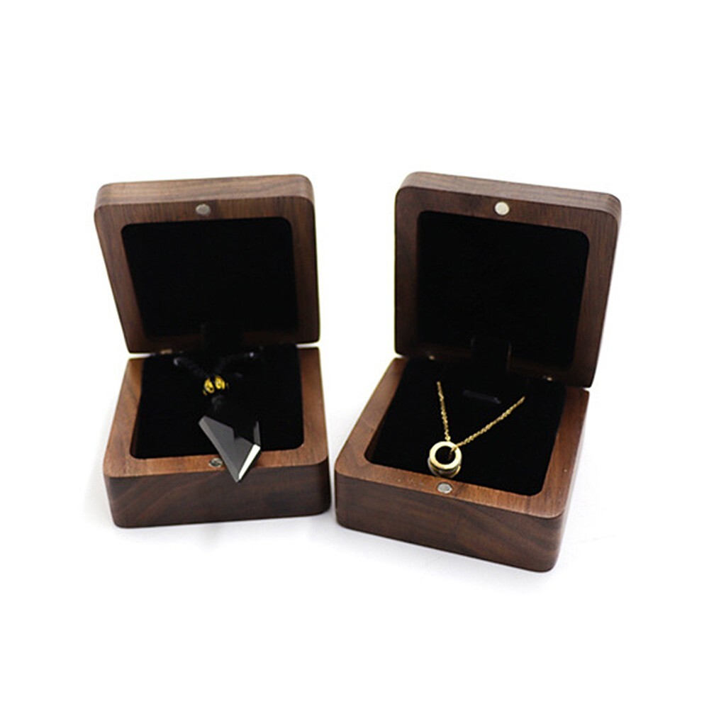 Walnut Wooden Jewelry Box Necklace Pendant Storage Flannel Packaging Holder Gift