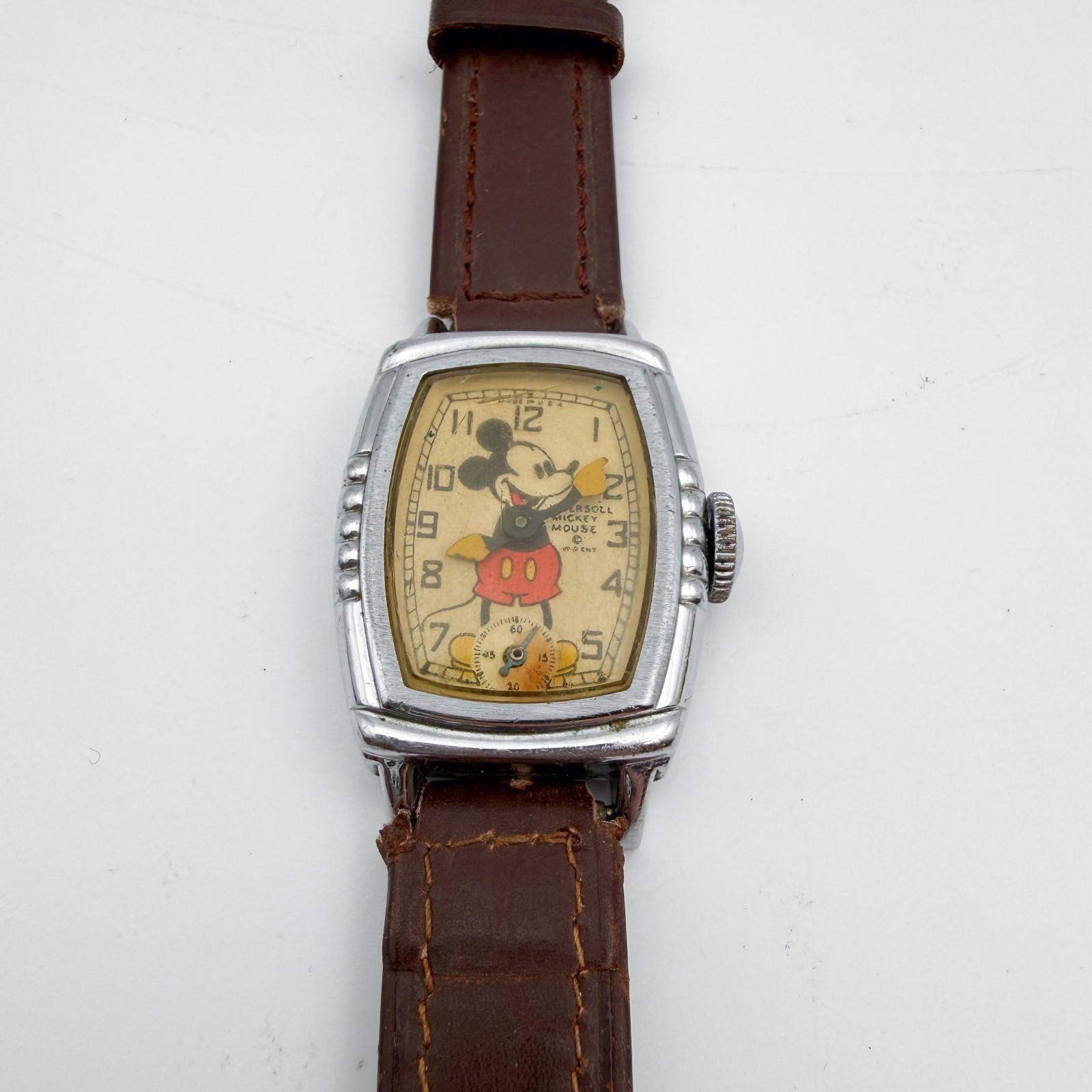 Mickey Mouse 1930’s Disney Ingersoll Chrome Watch w/ Leather Band 1939 Working