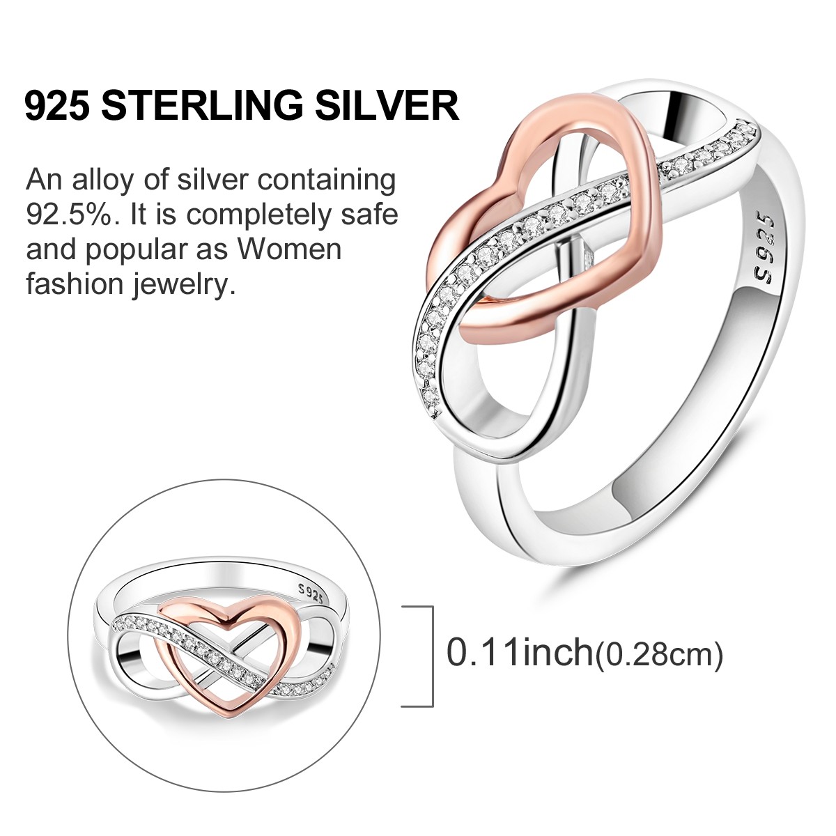 LAZA 925 Sterling Silver Eternal Infinity Rose Heart Finger Ring Women Jewelry