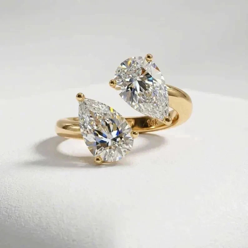 Pear 2Ct F-VS1 Lab Grown Diamond Two Stone Wedding Ring 14k Yellow Gold IGI