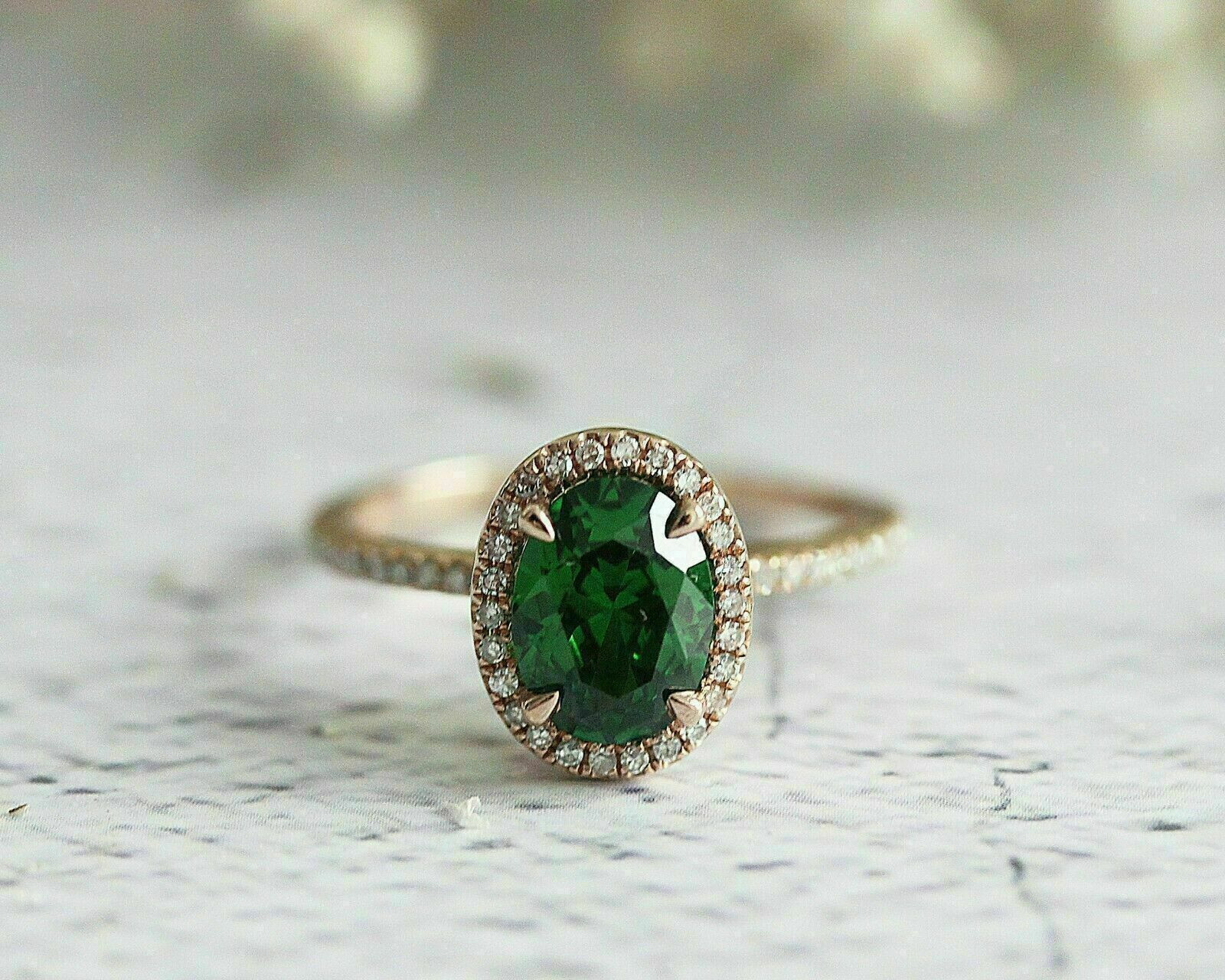 3.20Ct Oval Cut Lab-Created Green Emerald & Diamond Ring 14k Yellow Gold Finish