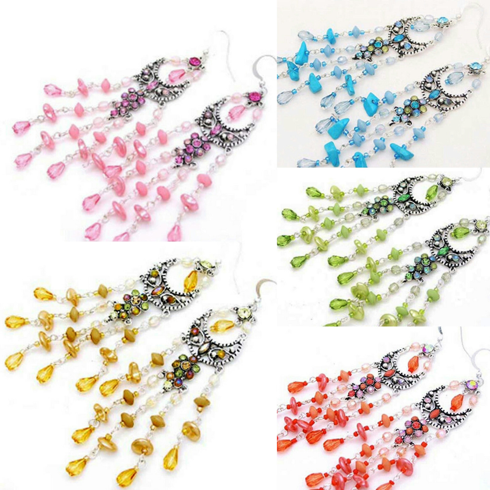 DESIGNER PINK BLUE ORANGE GOLD GREEN SHELL HOOK CHANDELIER SILVER EARRINGS NEW