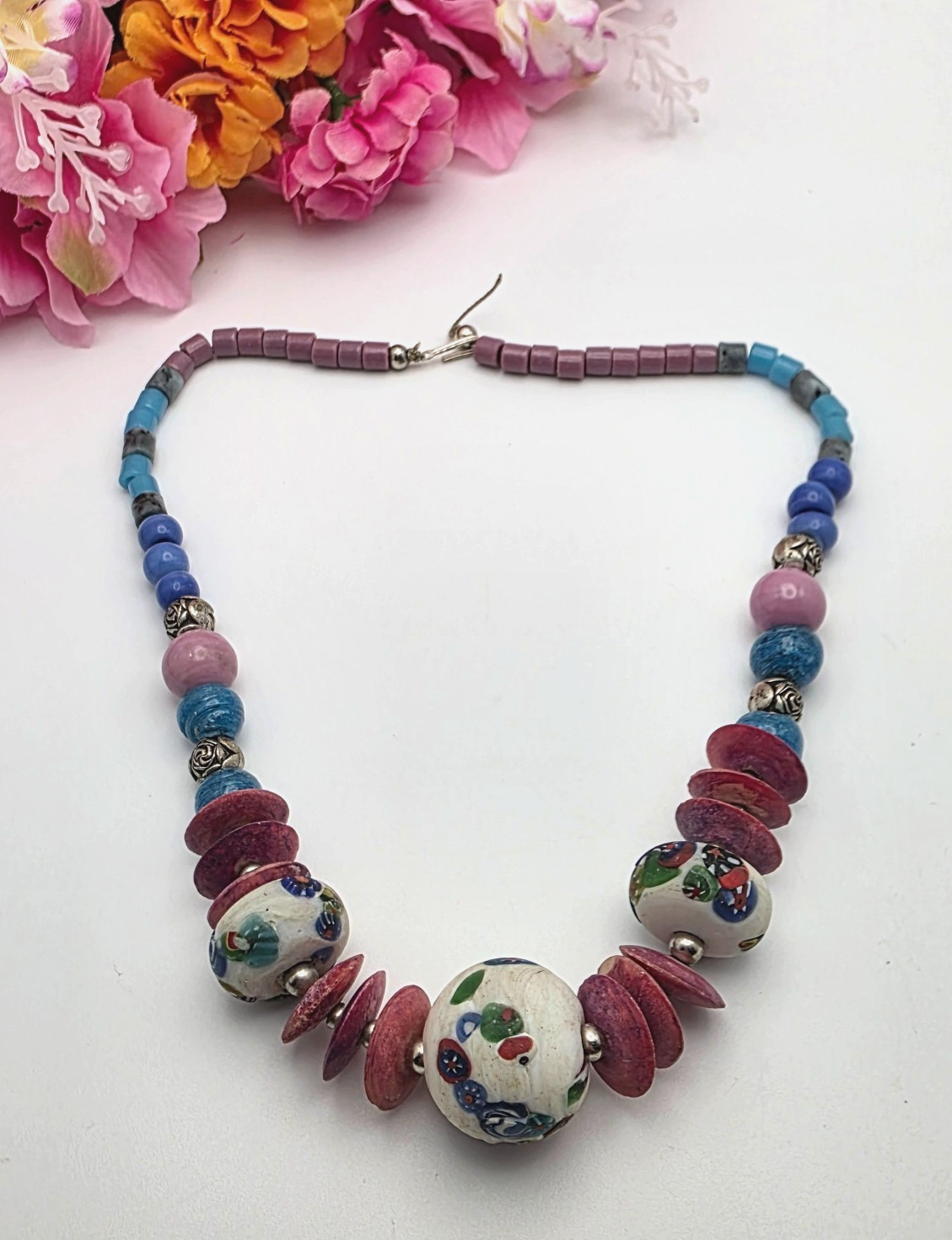 Handmade Artisan Ceramic Bead Necklace Colorful Boho Cottagecore 18.5 in