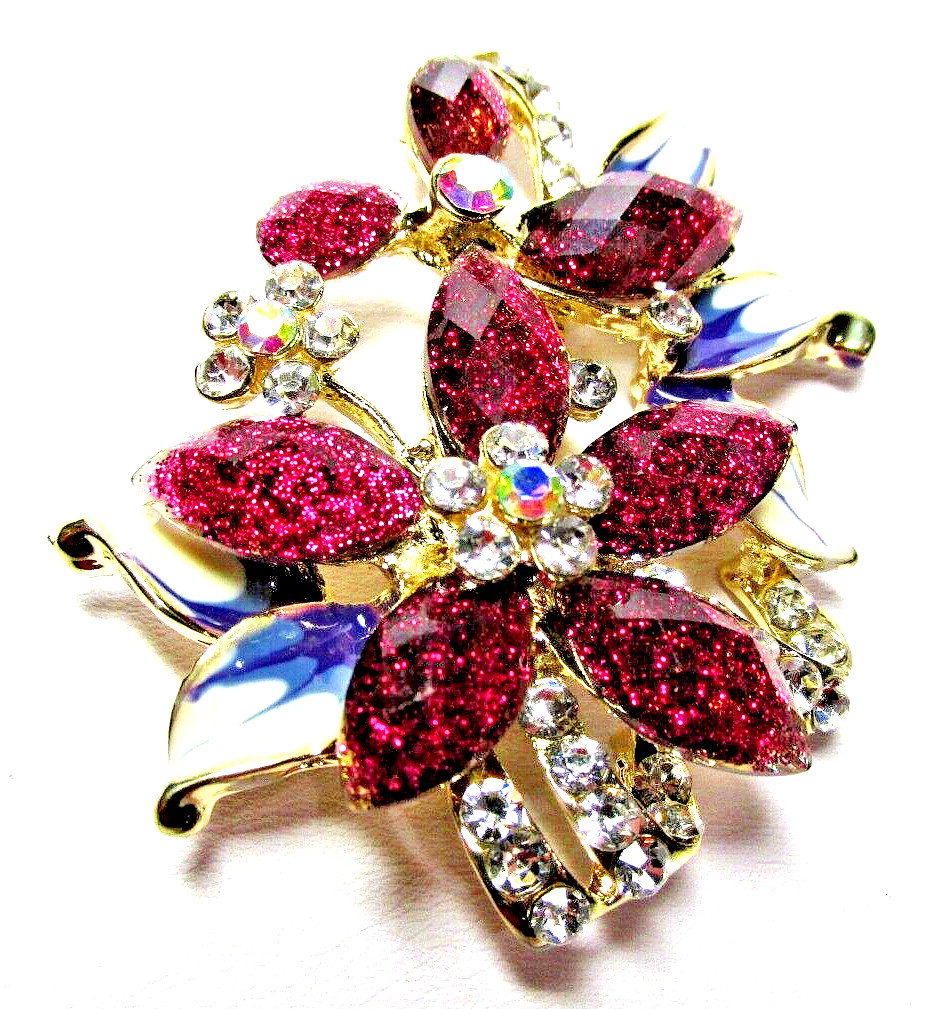 Women’s Gold Tone Brown & Clear Crystal Flower Pin Brooch – NWOT – (#2359)