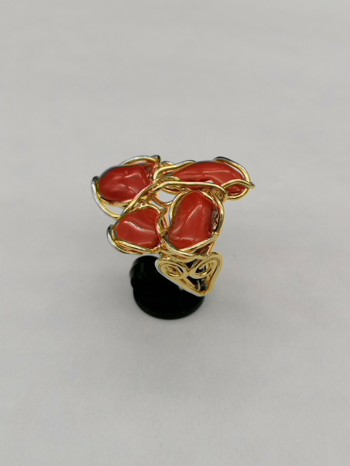 Genuine Sardinian Red Coral 925 Silver Gold Plated Adjustable Women Ring
