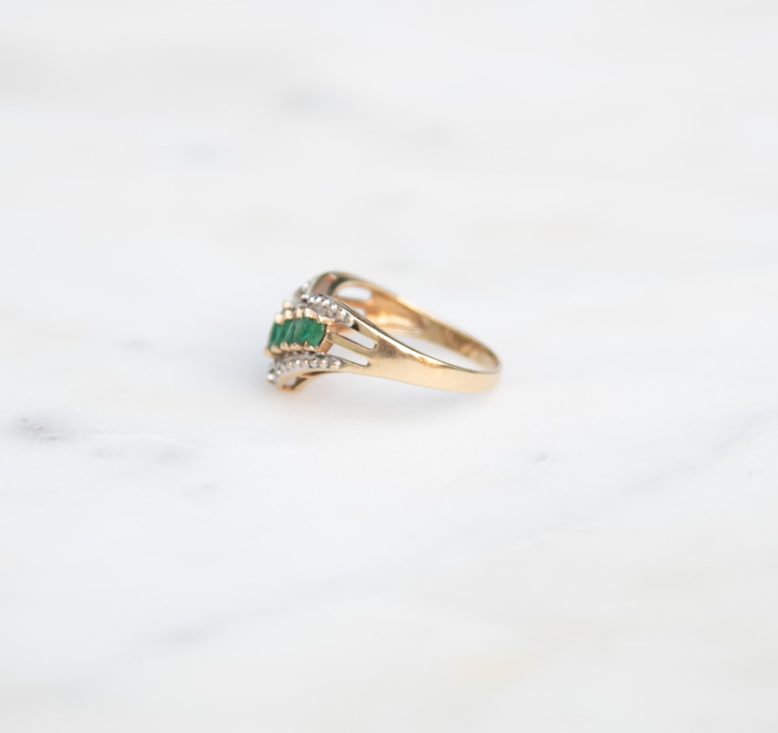 10K Two-Toned Emerald and Diamond Wishbone Ring