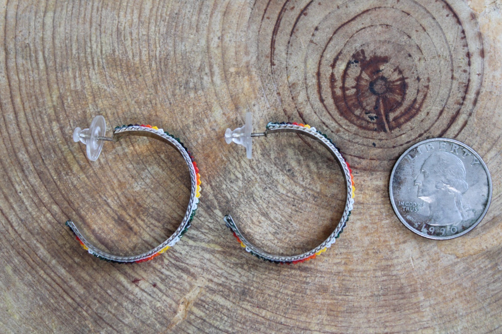 Sterling Silver, Green, Orange, Yellow Seed Beads HOOP Earrings by L Navajo