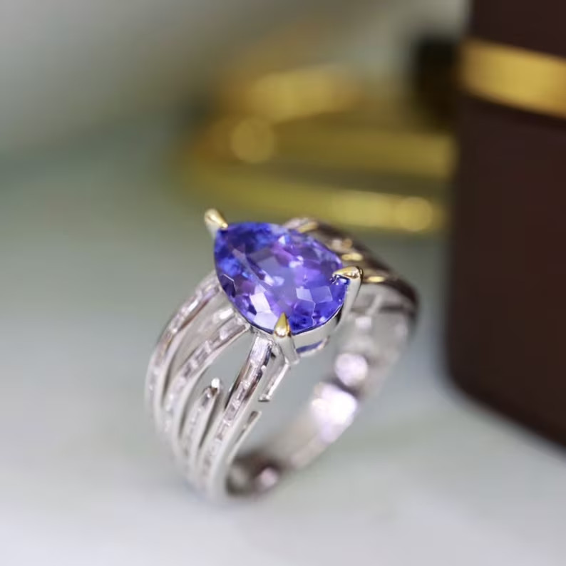 4.70Ct Pear Cut Natural Tanzanite & Diamond Real 950 Platinum Luxurious Ring
