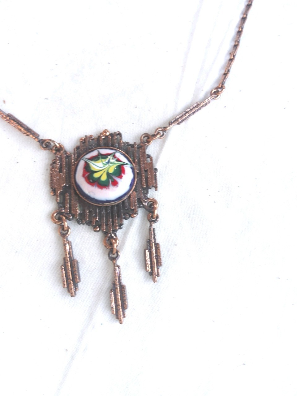 Mid Century Modern Brutalist Enameled Copper Fringe Necklace