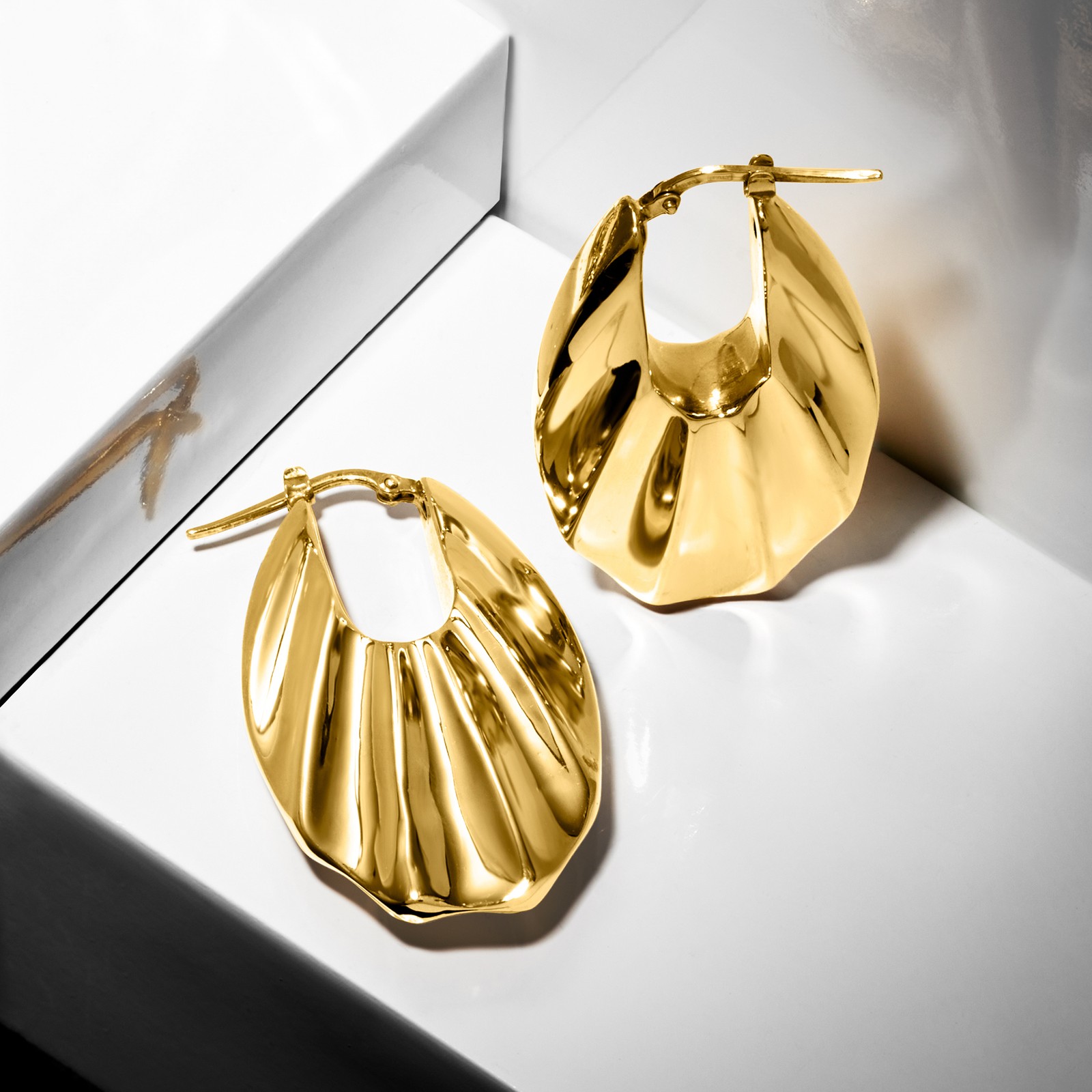 Ross-Simons Italian 18kt Yellow Gold Ribbed Hoop Earrings. 1 5/8 inches
