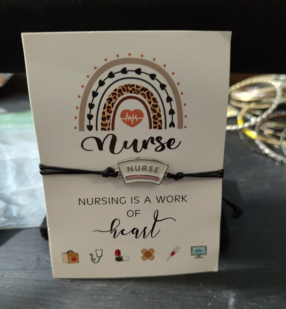 Black Cord Adjustable Charm Bracelet, Nurse “Nursing is a Work of Heart”