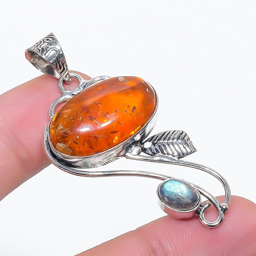 Baltic Amber Labradorite Gemstone Jewelry Handmade Fashion Pendant 2″ SR 3638