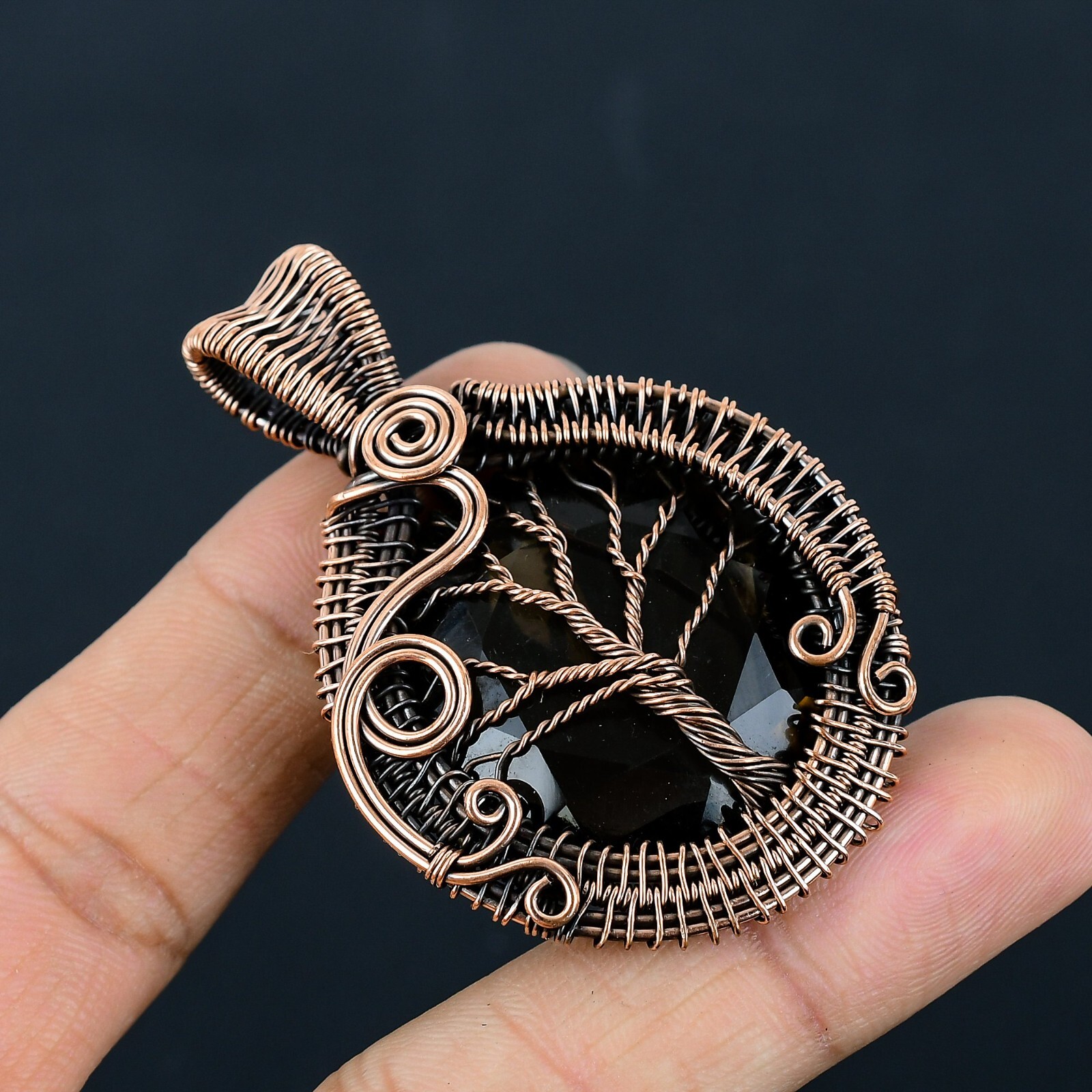 Tree Of Life Smoky Quartz Gemstone Copper Wire Wrapped Pendant Jewelry LC-268