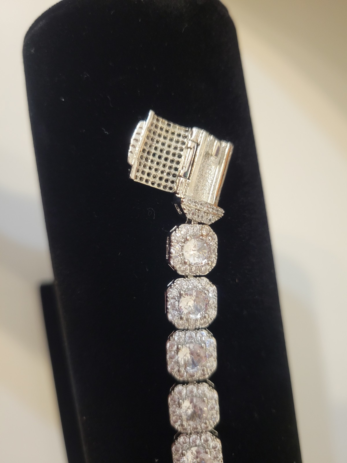 Silver Tone Cushion Cut Halo Simulated CZ Tennis Bracelet Box Clasp Closure