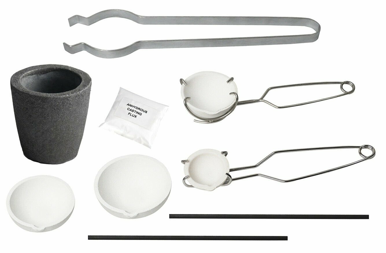 JEWELRY SMELTING GOLD SILVER KIT CERAMIC FOUNDRY CRUCIBLE TONGS FLUX ROD 17A