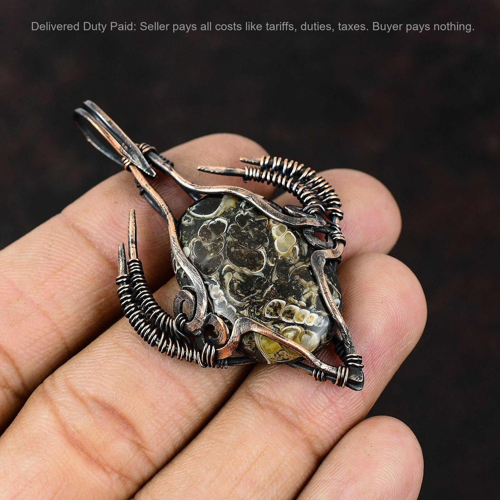 Natural Turritella Agate Wedding Trendy Wife Wire Wrapped Pendant Jewelry Copper