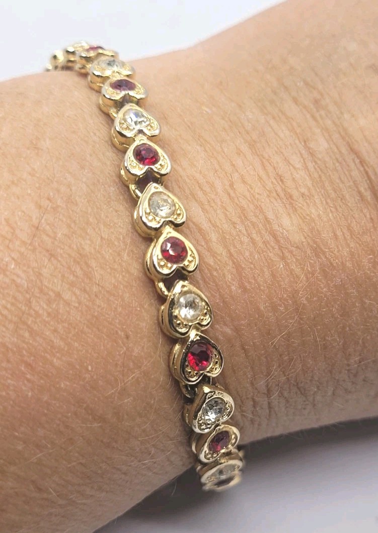 Vintage heart-shaped rhinestone Red And White crystal tennis bracelet 7.5″