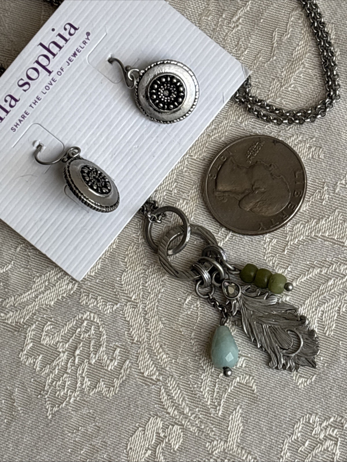 Lia Sophia Quill Necklace Satin Matte Silver Tone Long & Botanica Reversible PE