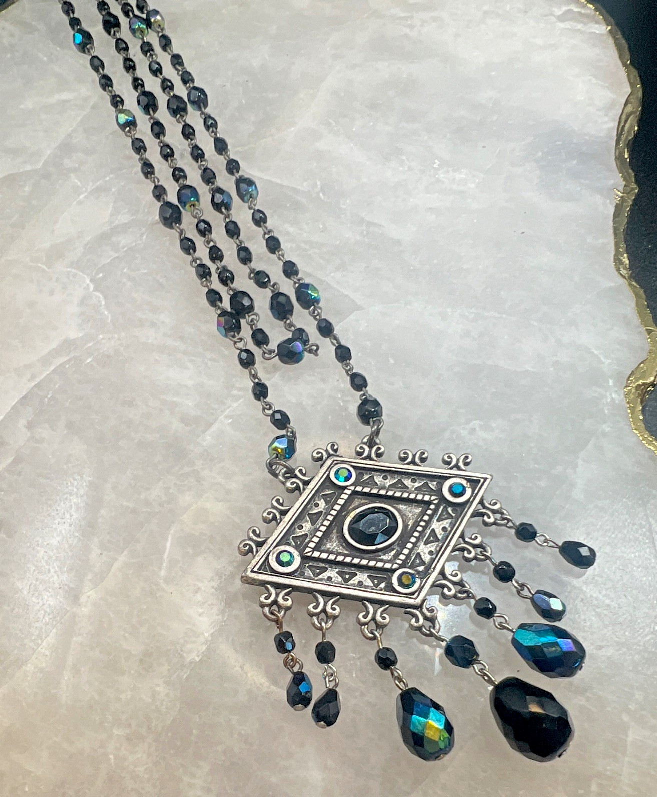 Chico’s Aurora Borealis Iridescent Beaded Multi-Strand Necklace Silver Tone