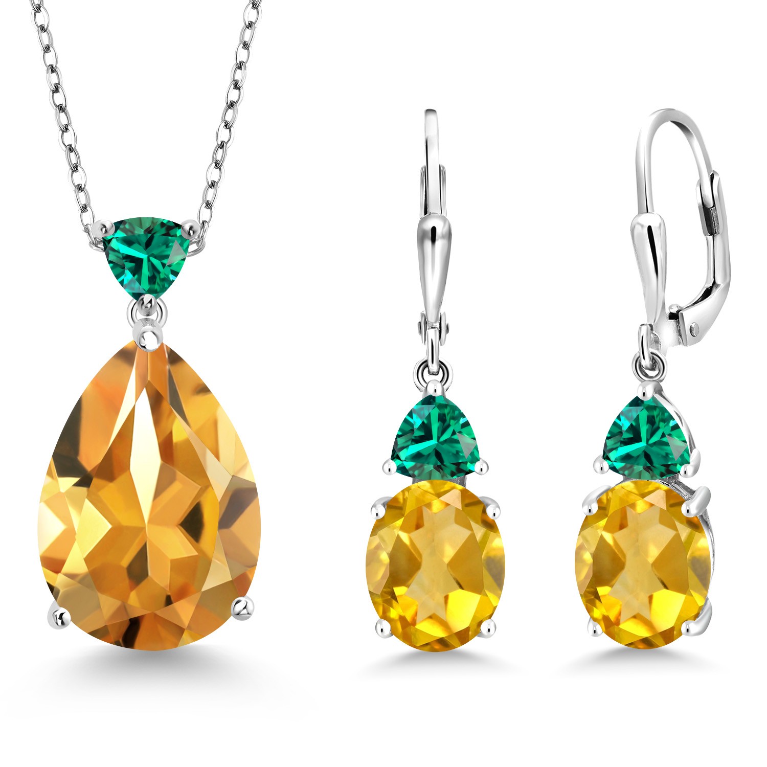 925 Sterling Silver Citrine and Nano Emerald Pendant Earrings Jewelry Set For